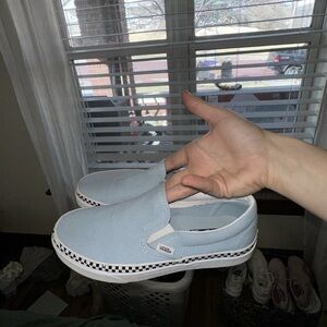 Vans Light Blue Slip-On Sneakers with Checkered Sole
